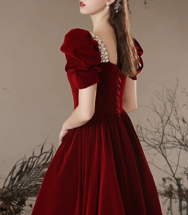 Luolandi A- Line Velvet Burgundy Long Prom Dress Formal Dress Elegant Evening Dress december wedding guest dress